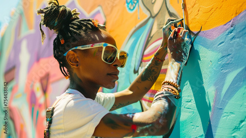 street artist painting a colorful mural, wearing trendy square-framed sunglasses