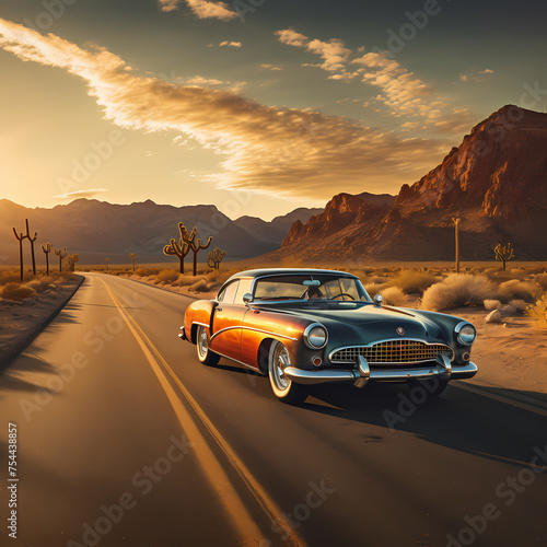 A classic car on an empty desert road.