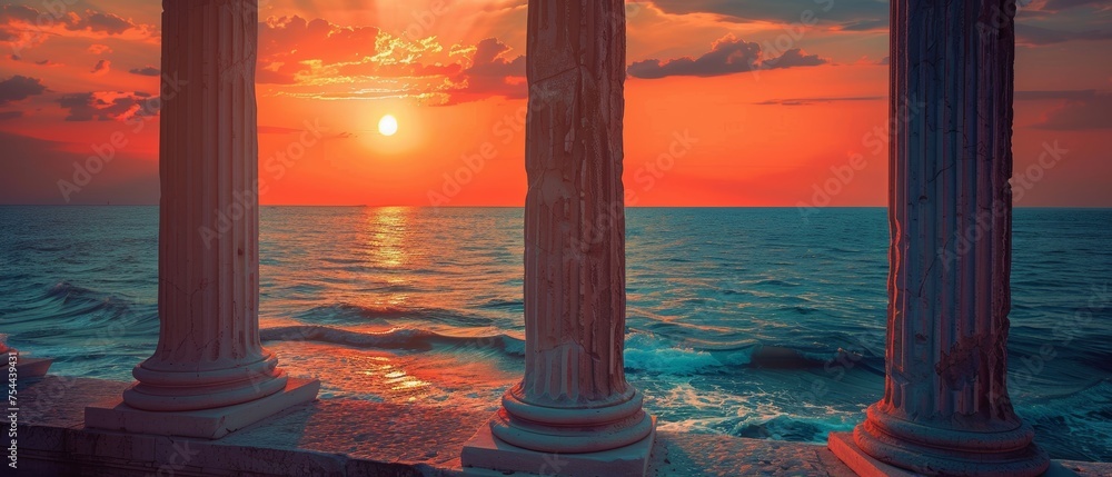 Antique Columns Sea View Red Sun