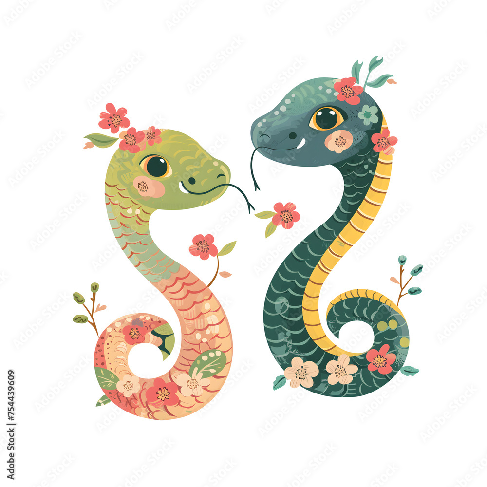 Cute simple illustration of couple of Chinese oriental Snake zodiac sign in cartoon style. Colorful floral pattern skin. Isolated design element for Chinese New Year 2025 Cute simple illustration of couple of Chinese oriental Snake zodiac sign in cartoon style. Colorful floral pattern skin. Isolated design element for Chinese New Year 2025
