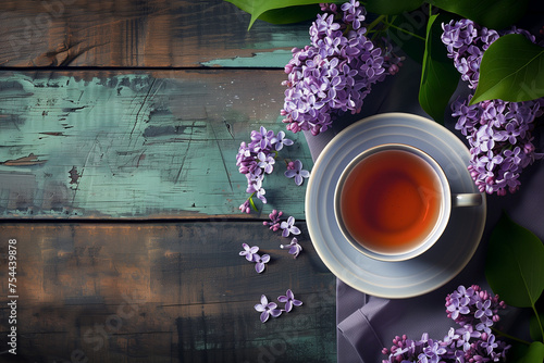 cup of tea and lilac flowers on a old wooden backg.AI generated
