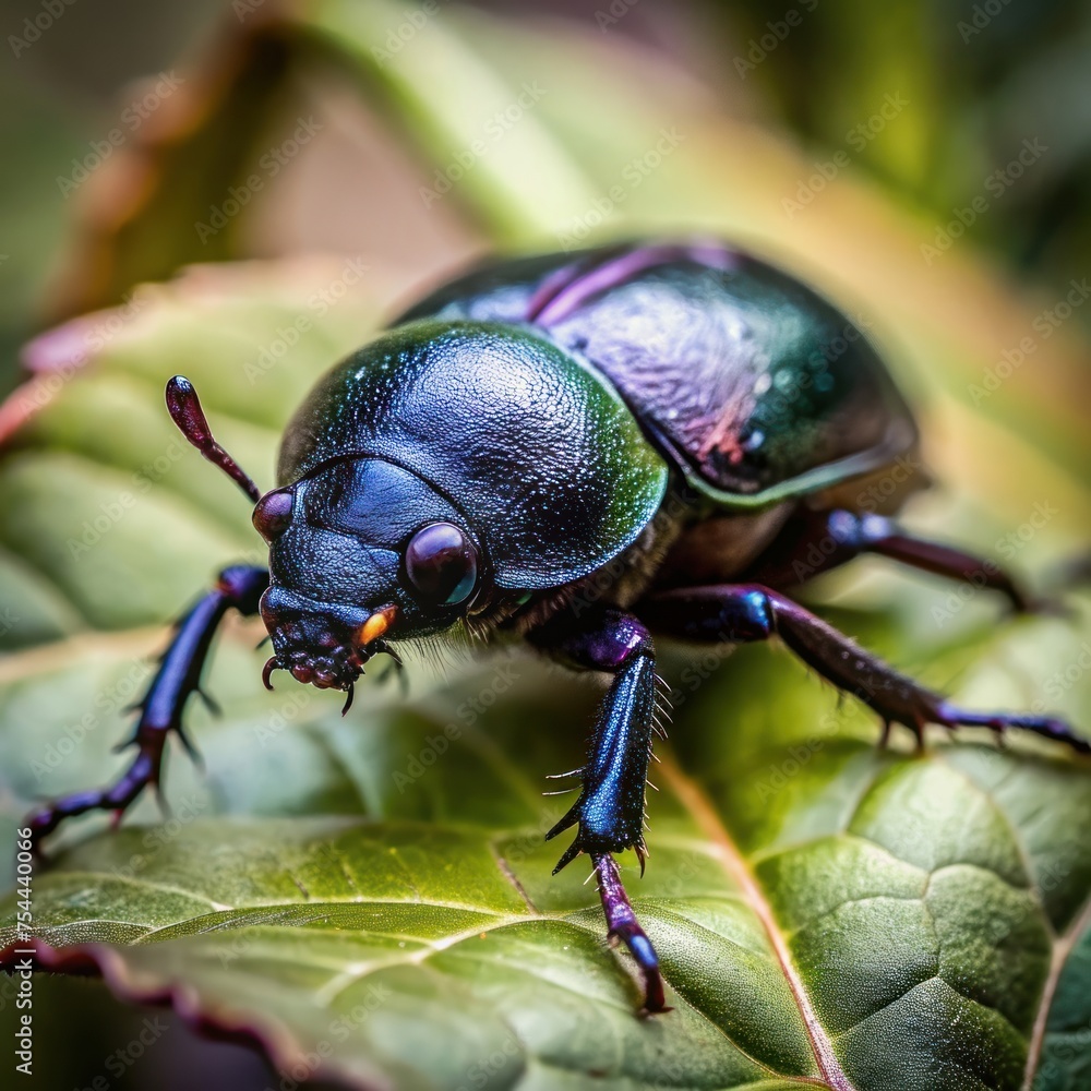 Green beetle on a leaf in nature, close-up macro shot of a small black and white insect with antenna, isolated on a wild flower Green beetle on a leaf in nature, close-up macro shot of a small black and white insect with antenna, isolated on a wild flower