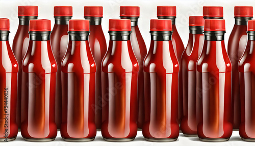 eine Reihe von Flaschen mit Ketchup warten auf weitere Verarbeitung. photo
