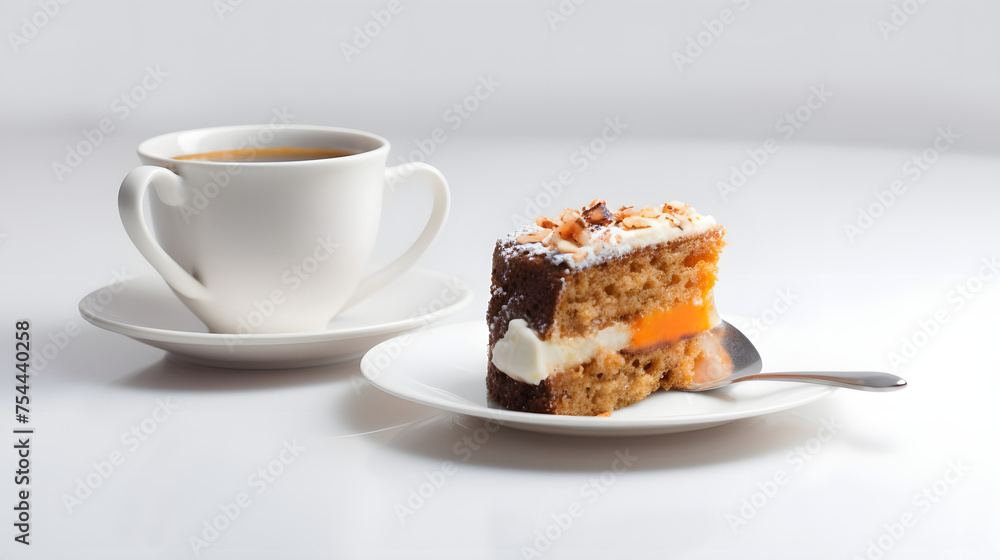 a piece of cake with a mug of tea on a white background a piece of cake with a mug of tea on a white background