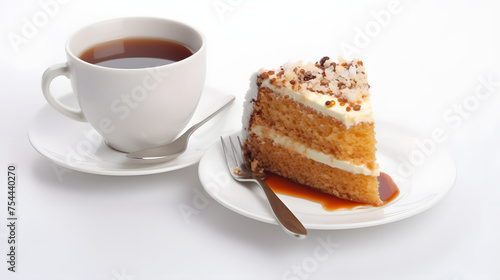 a piece of cake with a mug of tea on a white background