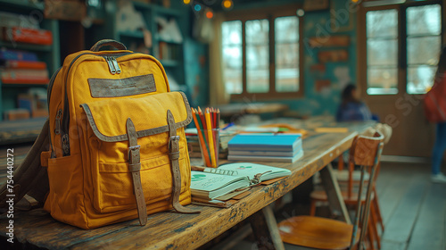 School backpack and different colored school equipment on the table in a classroom