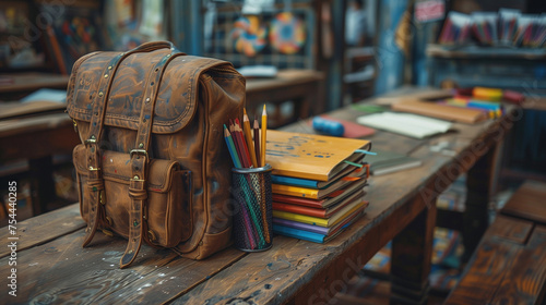 School backpack and different colored school equipment on the table in a classroom © lisssbetha