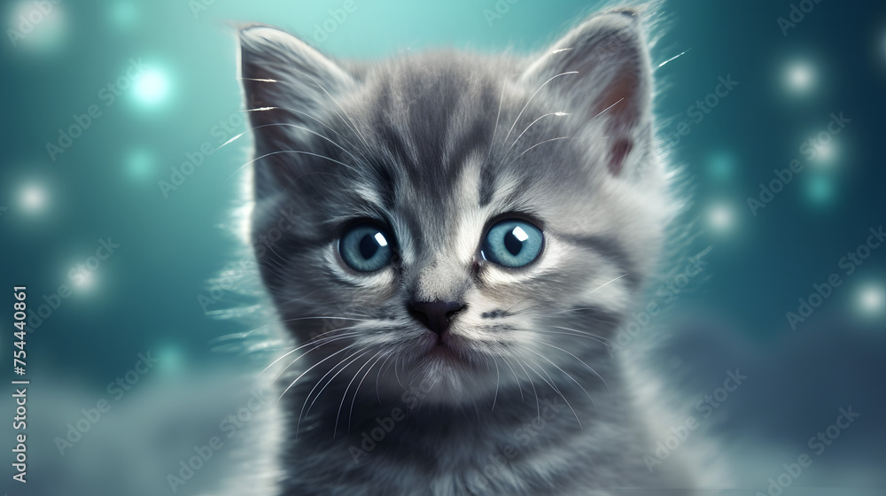 a realistic cute kitten with a sparkly blue background