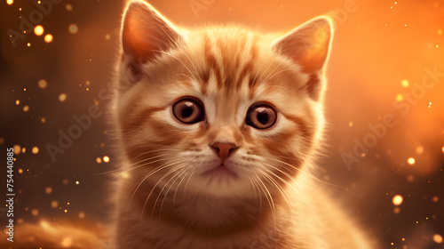 a realistic cute kitten with a sparkly orange background © Oleksandr