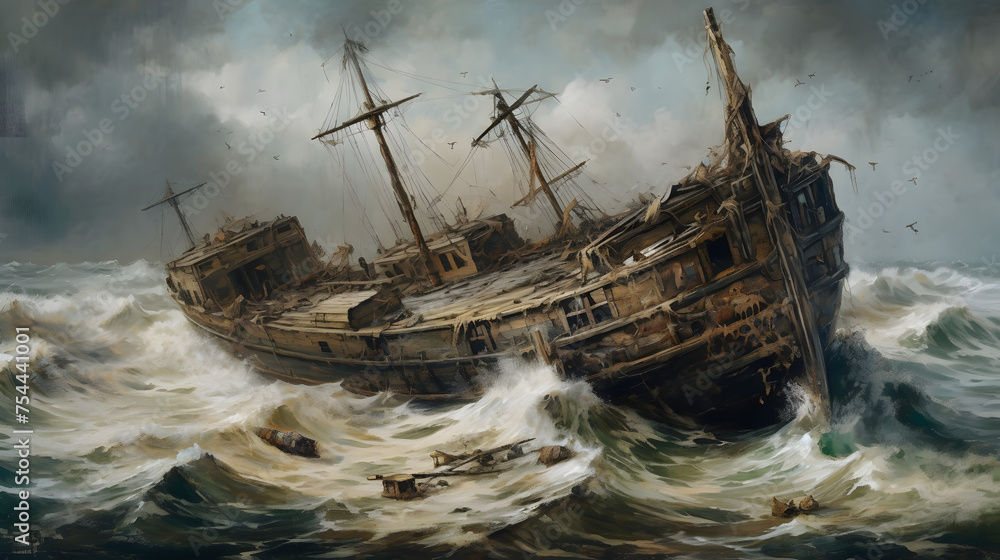 a shipwreck at sea - obrazy, fototapety, plakaty 