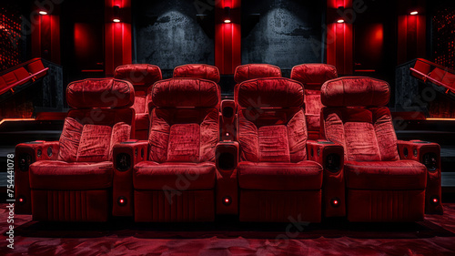 Plush red cinema chairs in a row, dark background,generative ai