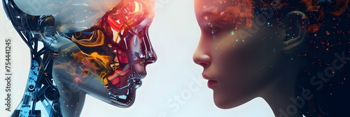 Futuristic Woman and Android Head in Vibrant Digital Art, To convey a sense of innovation and progress in the field of artificial intelligence and