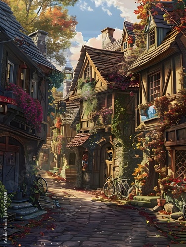 Autumn Fantasy Town in Anime Art Style, To convey a sense of enchantment and whimsy, perfect for adding a touch of magic to any project © Mickey