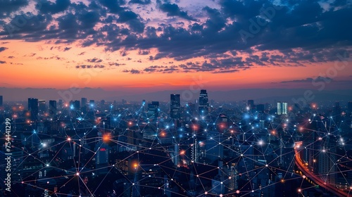 City Skyline at Dusk - Global Connectivity through Data Flow and Digital Marketing