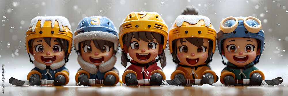 A 3D animated cartoon render of excited children in hockey gear on the ice. - obrazy, fototapety, plakaty 