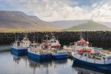 Scenic view of boats at Þingeyri (Thingeyri) harbor in Westfjords, Iceland, in summer