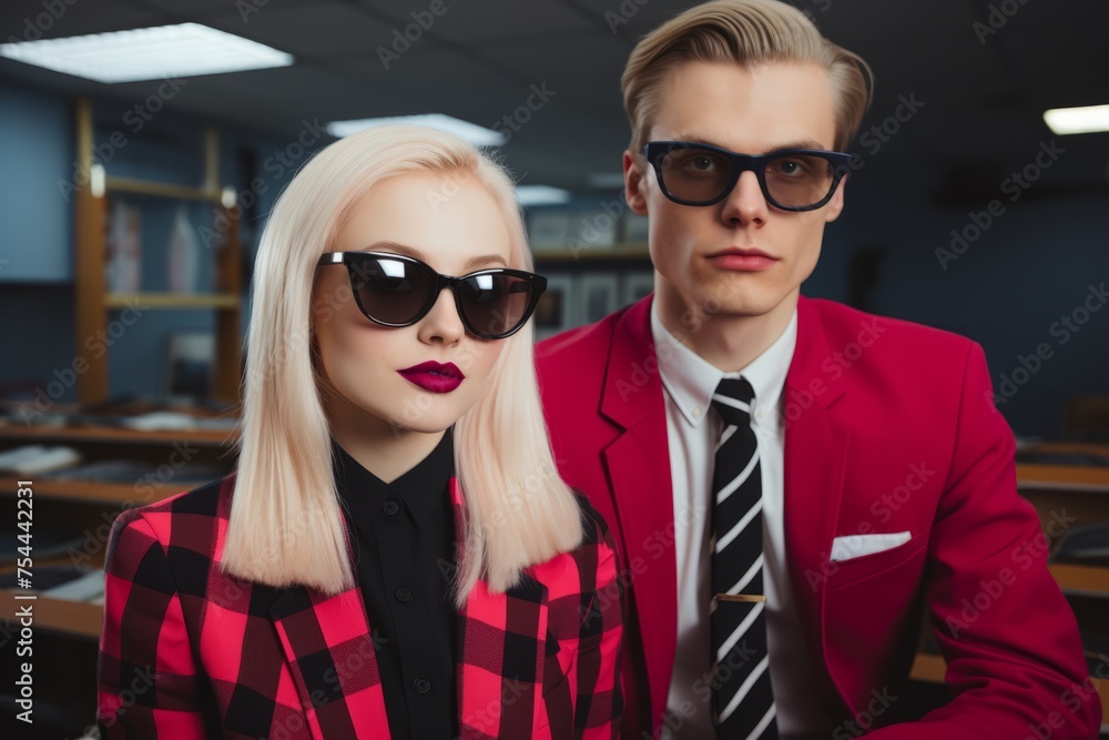 Stylish couple in sunglasses posing confidently in a corporate setting Stylish couple in sunglasses posing confidently in a corporate setting