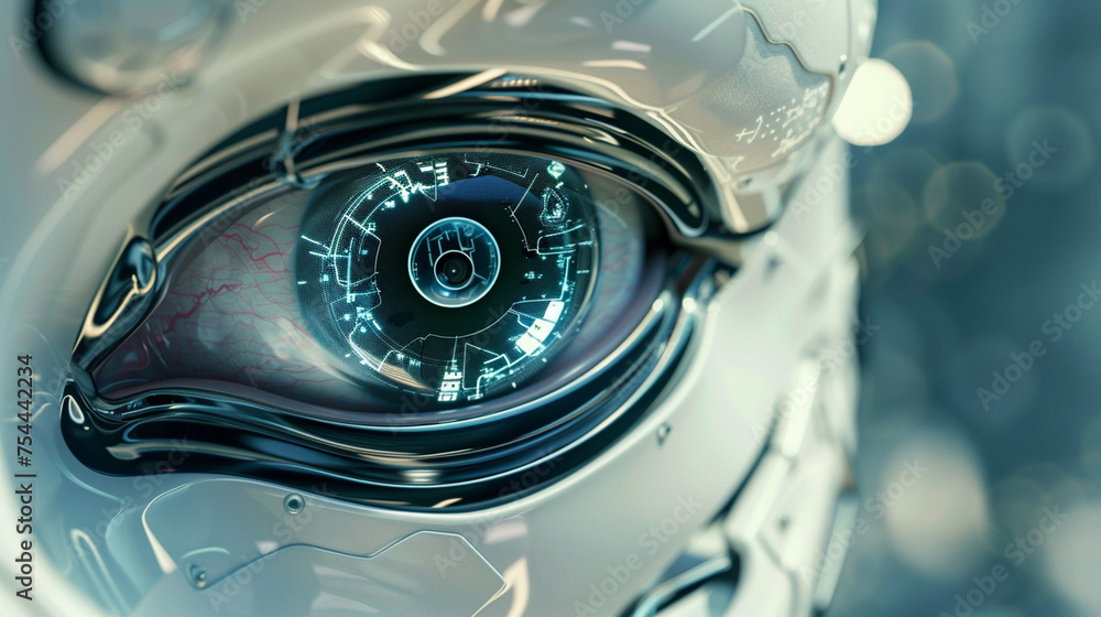 A close-up of a robot's eye, reflecting a complex digital network, illustrating AI's vision and perception abilities, with copy space A close-up of a robot's eye, reflecting a complex digital network, illustrating AI's vision and perception abilities, with copy space