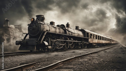 old steam locomotive apocalyptic train black and white