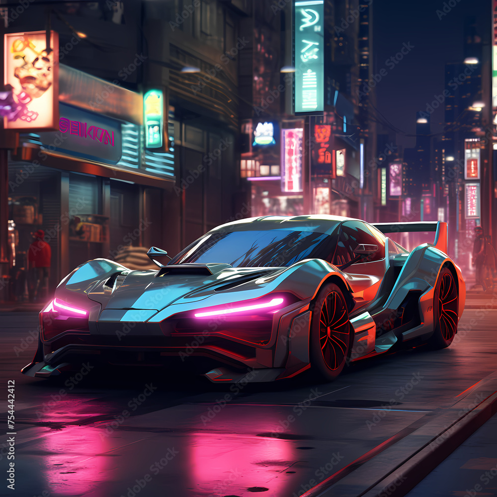 A futuristic car on a neon-lit city street.