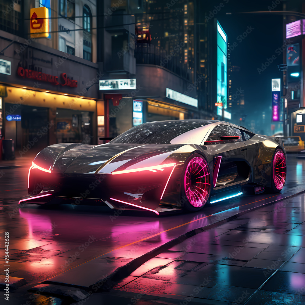 A futuristic car on a neon-lit city street.