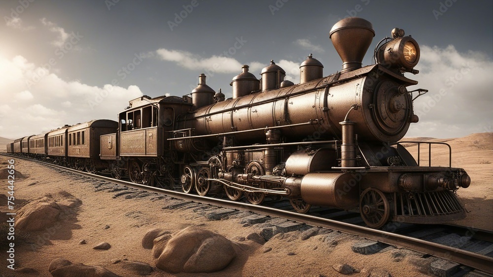 Obraz premium old steam locomotive _A steampunk train that survives the end of the world on a rusty and intricate railway. 