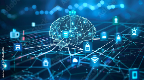 Fototapeta Naklejka Na Ścianę i Meble -  A digital brain connected to a network of IoT devices, illustrating AI's central role in the Internet of Things, with copy space