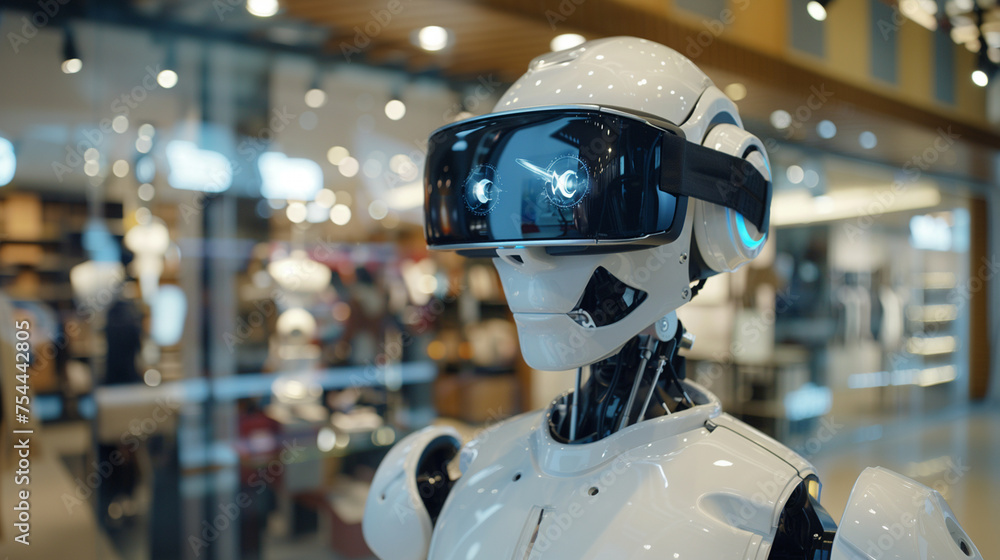 A humanoid robot wearing VR goggles, immersed in a virtual learning environment, representing AI's experiential learning, with copy space A humanoid robot wearing VR goggles, immersed in a virtual learning environment, representing AI's experiential learning, with copy space