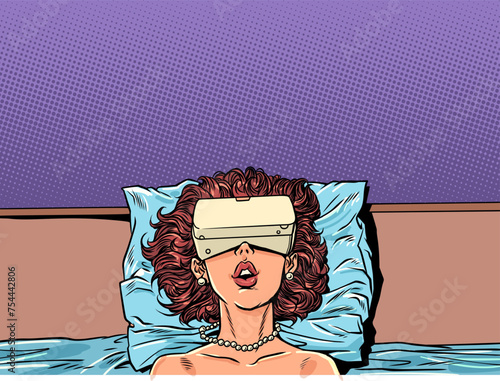 A woman lies in bed with a VR device. Opportunities to see the world in new colors with the help of technology. Instead of a healthy sleep, spending time on gadgets.