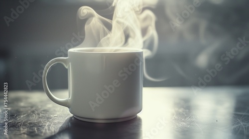 Delicate wisps of steam rising from the surface of the blank white coffee mug.