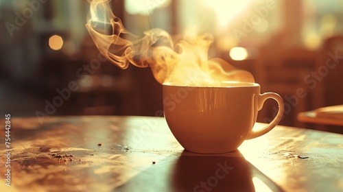 Freshly brewed coffee steaming gently from the ceramic cup on the polished table.