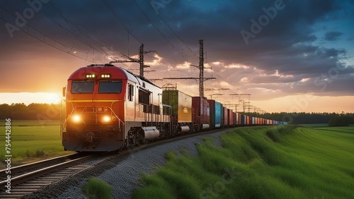 train at sunset _A freight train that is composed of electric currents and sparks as it carries various goods 
