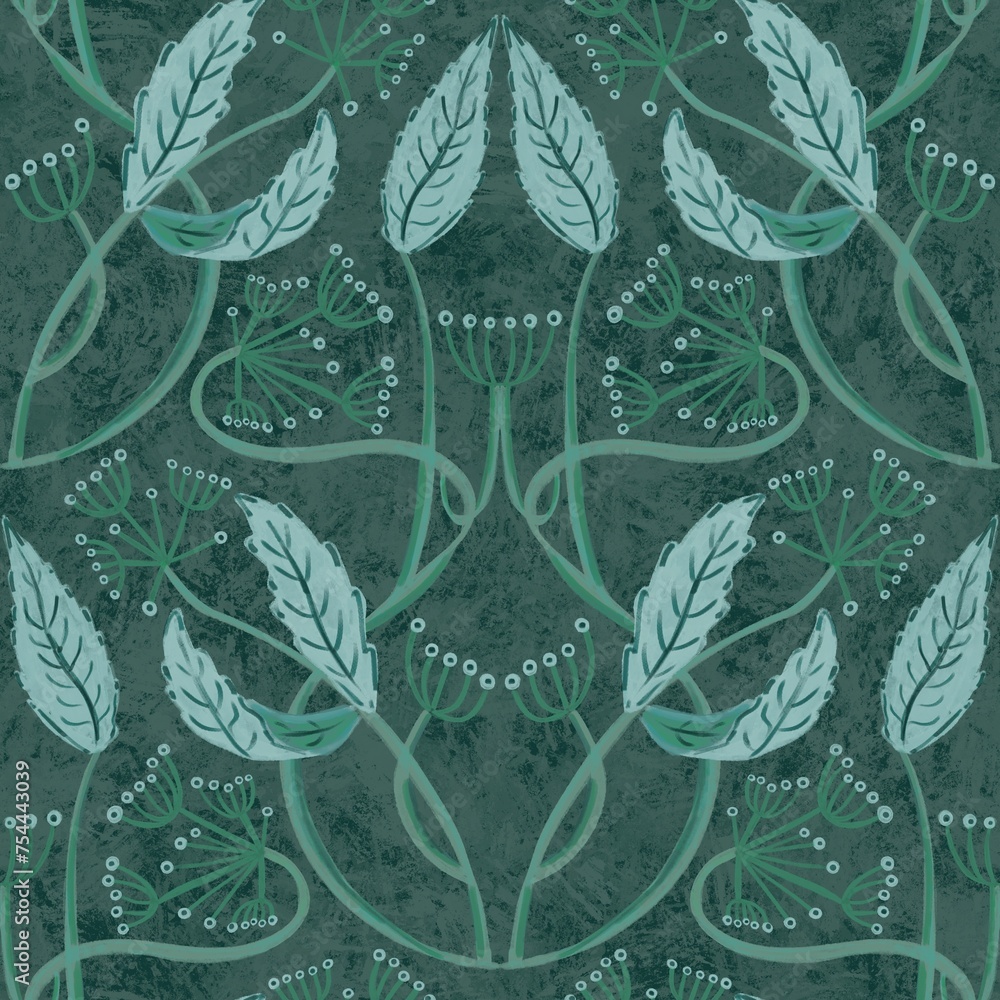 Fototapeta Seamless pattern in art nouveau style with leaves, bent stems, berries and flowers on a green background. Suitable for interior, wallpaper, fabrics, clothing, stationery.