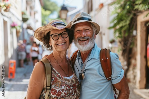 A senior couple beams with happiness on a sunlit cobblestone path, their coordinated straw hats and casual summer outfits echoing the relaxed vibe of their scenic holiday surroundings.