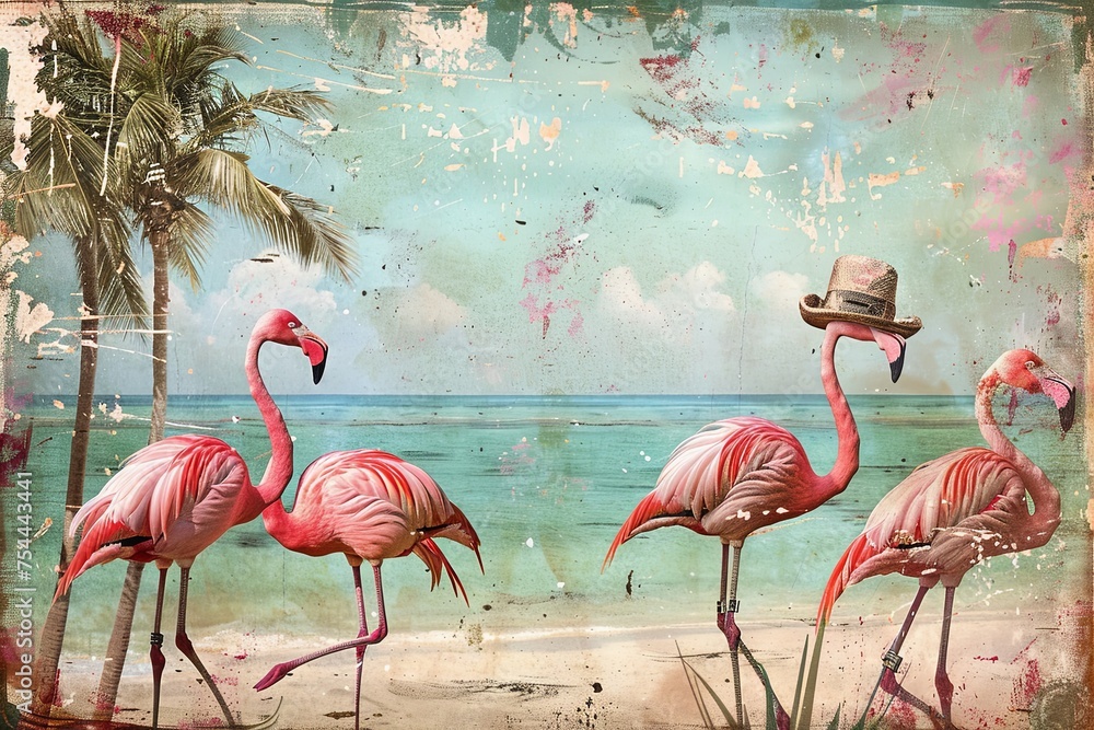 Obraz premium A charming assembly of flamingos donning quaint sun hats by the seashore, offering a nostalgic twist on a summer retreat.