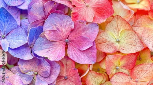 Beautiful colorful rainbow hydrangea flowers as background  top view