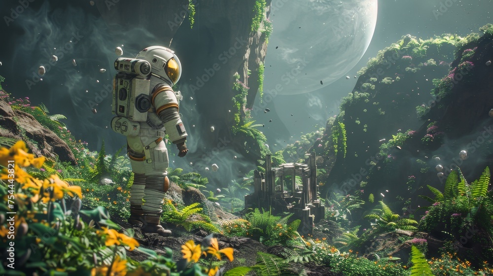 Astronaut exploring a lush alien planet with diverse flora and floating ...