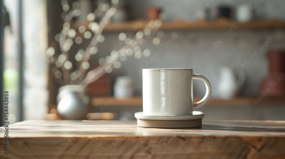 The clean, minimalist design of the mug emphasized by the simplicity of the setting.