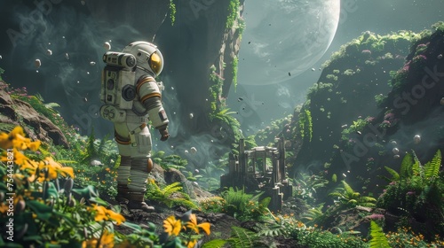 Astronaut exploring a lush alien planet with diverse flora and floating rocks. Sci-fi concept art of space exploration and exobiology.