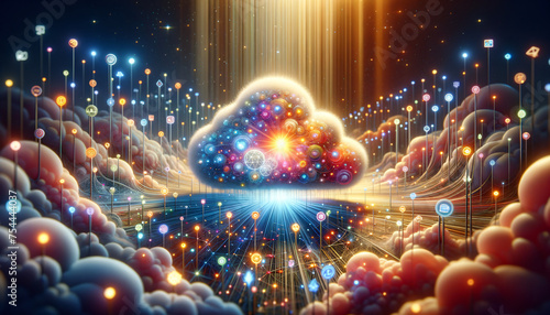 Enchanting SaaS: Glowing cloud cradling app icons in a joyful digital wonderland.