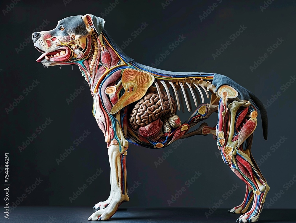 Anatomical model of a pitbull bones and brain illuminated showcasing ...