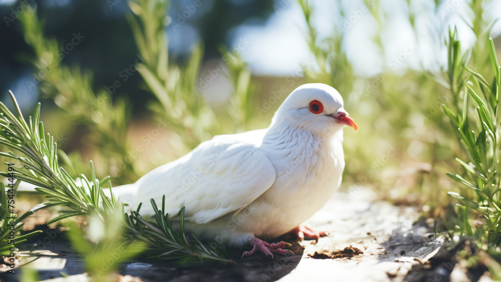 a white peace pigeon looking for a sprig of rosemary on the ground a white peace pigeon looking for a sprig of rosemary on the ground