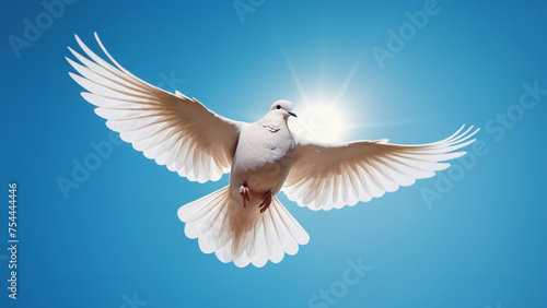 a white peace pigeon flying in blue sky whitout clouds