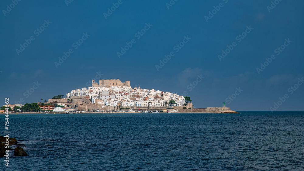 Panoramic view of Peñiscola castle and houses in Castellon, Spain