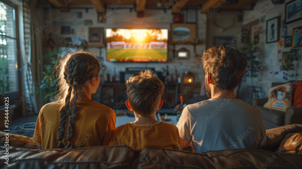 an English family watching english premier league soccer in their living room ,generative ai. - obrazy, fototapety, plakaty 