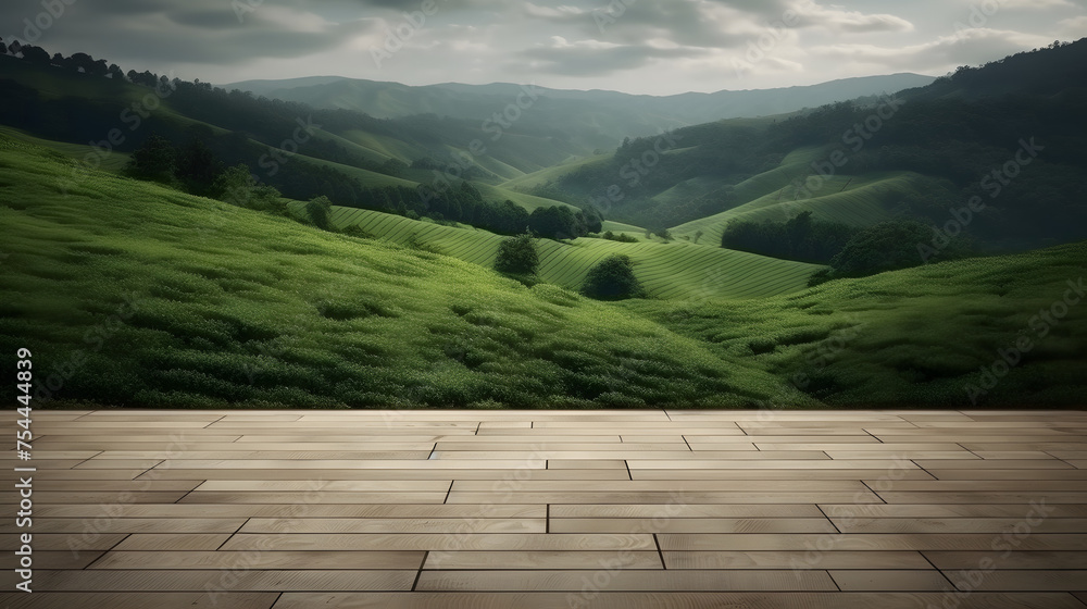 an empty wooden floor next to a wooded view over green tea fields