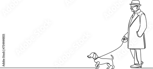continuous single line drawing of elderly man walking his wiener dog, line art vector illustration