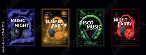 Party flyer. Club music poster. Concert holiday night. Multimedia headphones. Techno musical performance advertising. Dance nightclub. Fashion event invitation. Vector garish DJ banners design set