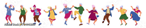 Elderly people dance. Senior dancers. Old woman and man. Party music. Grandmother and grandfather dancing. Healthy lifestyle. Retirement fun. Active choreography motions set. Vector tidy illustration