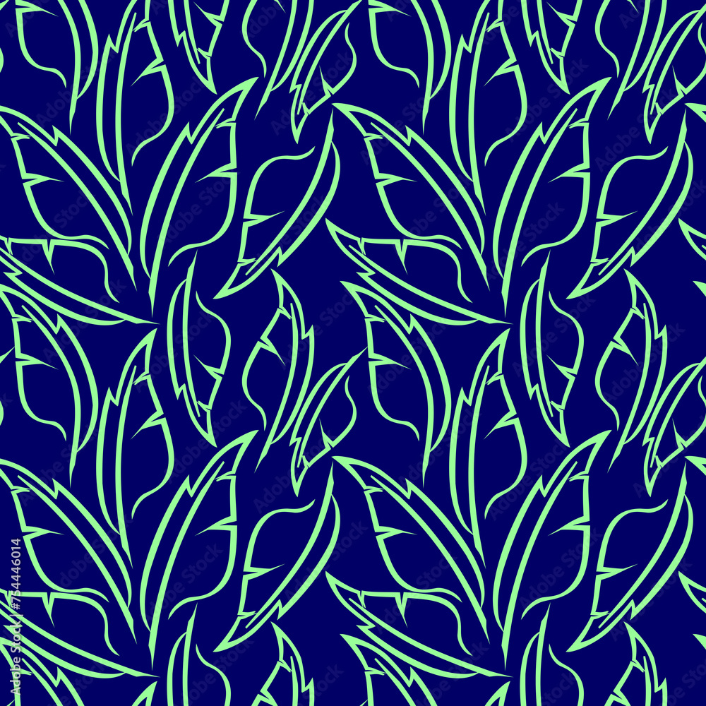 green graphic drawing of stylized feathers on a blue background, texture, design green graphic drawing of stylized feathers on a blue background, texture, design